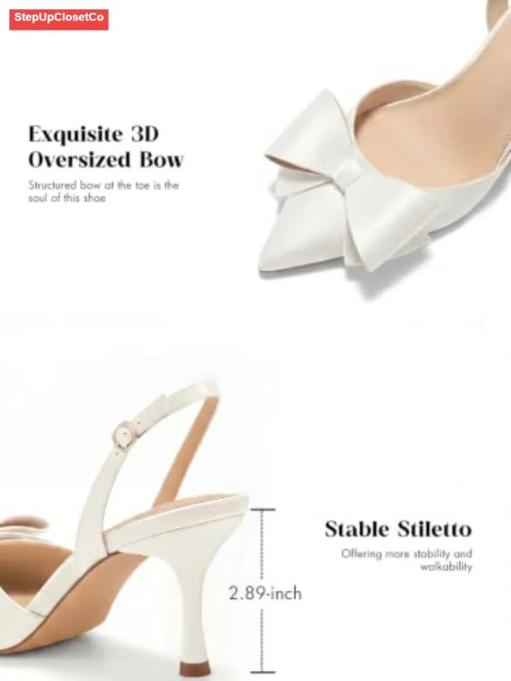 Slingback Kitten Heels Bow Satin Closed Toe Wedding Pumps